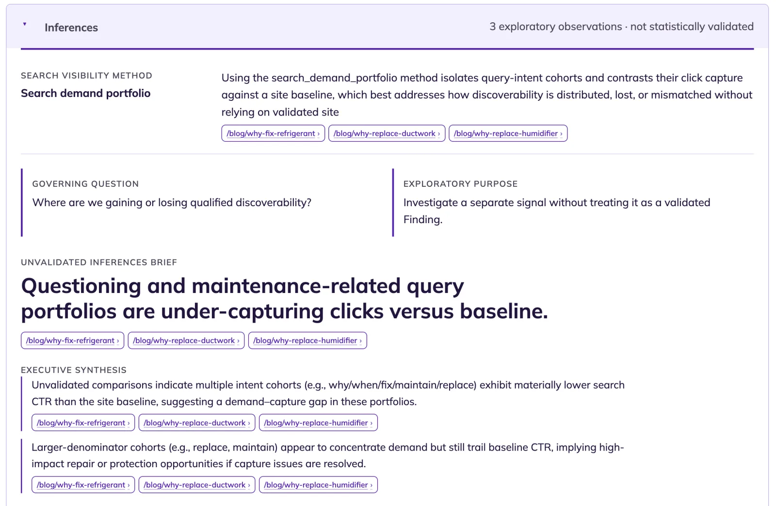 An Inferences brief, labelled not statistically validated: an exploratory purpose, a headline observation, and an executive synthesis with chips to the pages involved.